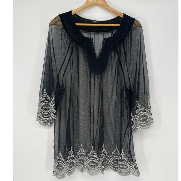 Alfani Sheer Black White‎ Embroidered Blouse Cover Up Size 1X Boho Beach - Picture 1 of 4